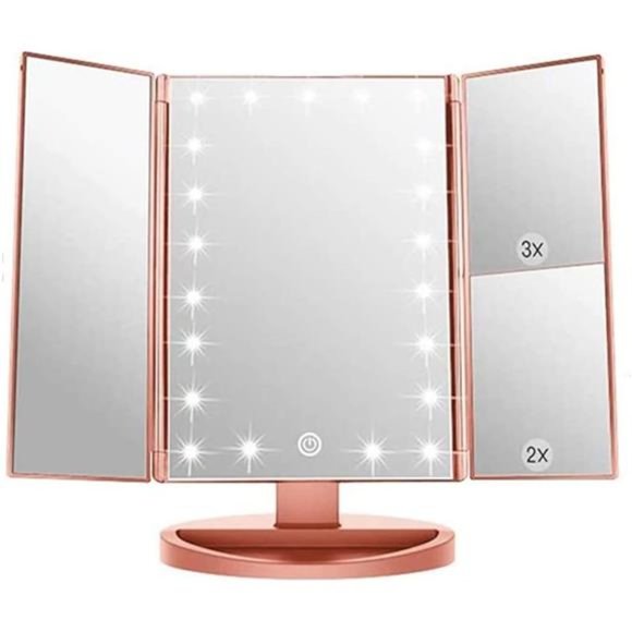 3 Folds Lighted Vanity Makeup Mirror,1X/2X/3X Magnification,21 LED Bright Mirror - Picture 1 of 6